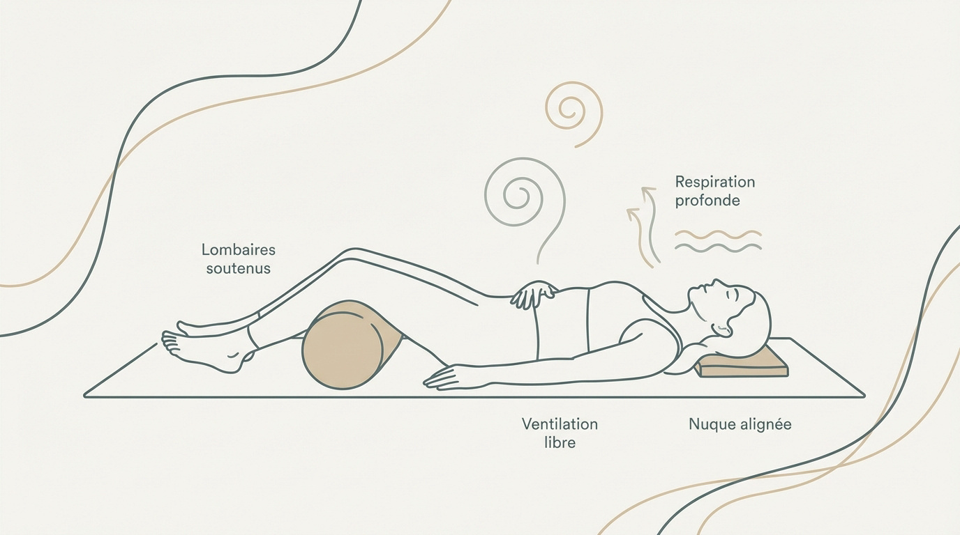 Personne pratiquant la respiration abdominale allongée sur un tapis de yoga avec accessoires