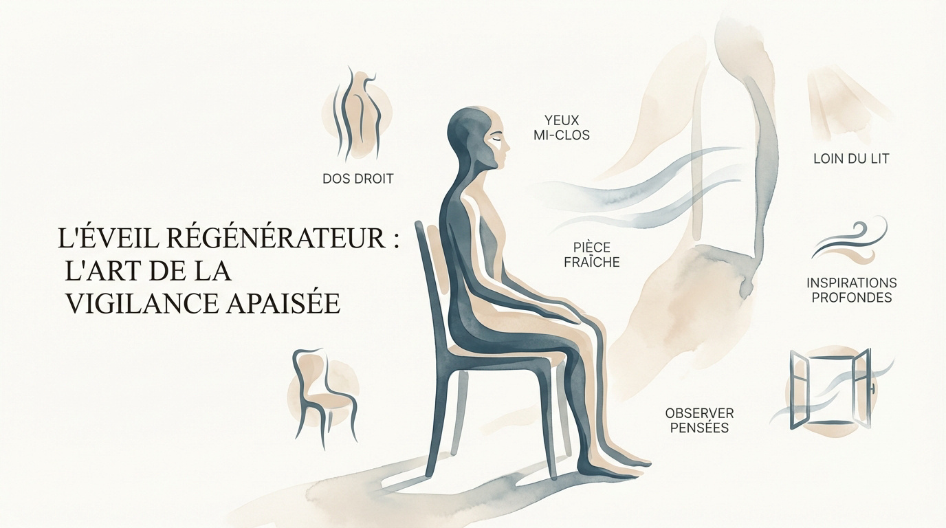 Personne pratiquant la méditation de pleine conscience dans une posture tonique pour éviter la fatigue