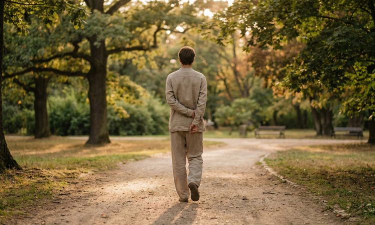 Homme vêtu de lin beige marchant dos tourné sur un sentier terreux dans un parc verdoyant baigné de soleil.