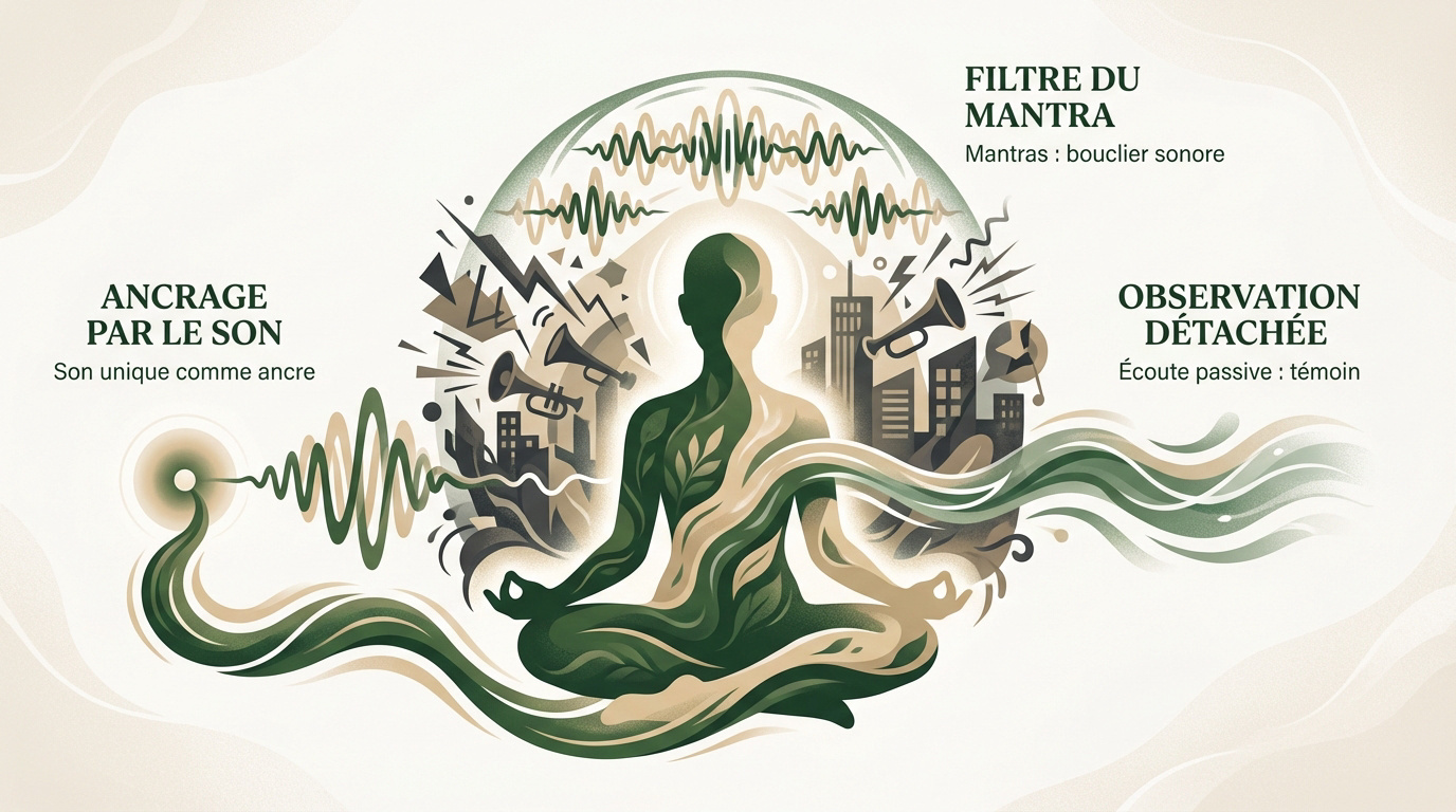 Personne pratiquant la méditation avec sérénité malgré un environnement sonore actif