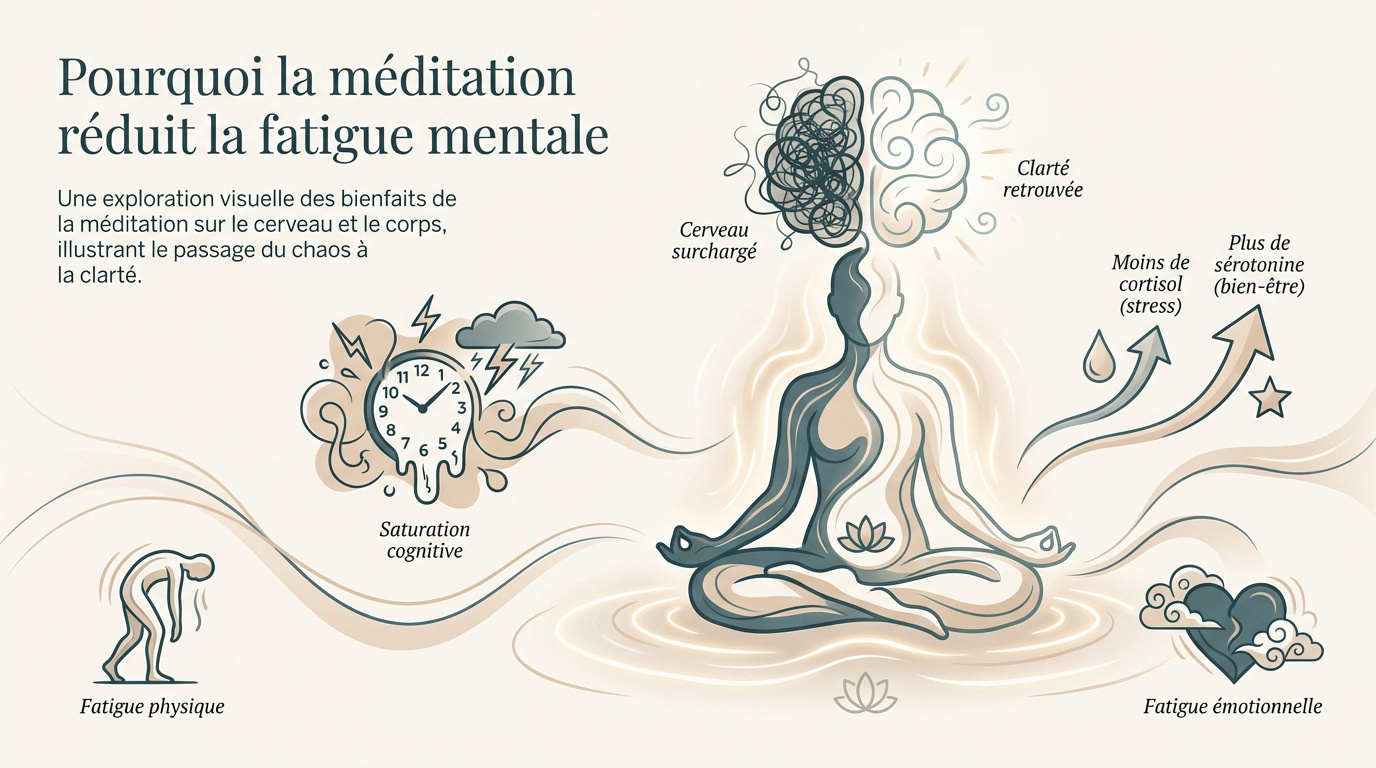 Personne sereine pratiquant la méditation pour retrouver de la clarté mentale après une journée fatigante