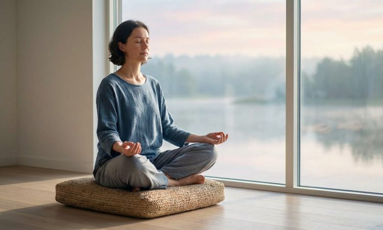 Femme méditant paisiblement les yeux fermés en position du lotus sur un coussin près d'une grande fenêtre donnant sur un lac brumeux.