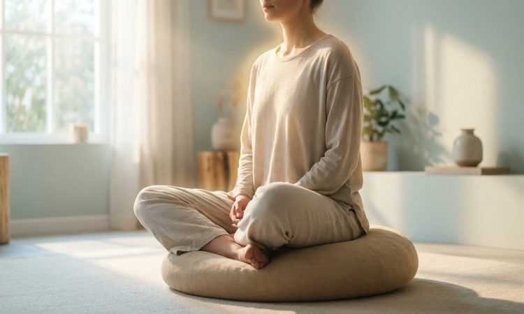 Personne méditant en position du lotus sur un coussin beige dans une pièce lumineuse. Une aura douce entoure sa tête, évoquant la sérénité.