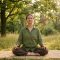 Femme en chemise verte méditant les yeux ouverts, assise sur un tapis en herbe, sous le soleil filtrant des arbres.