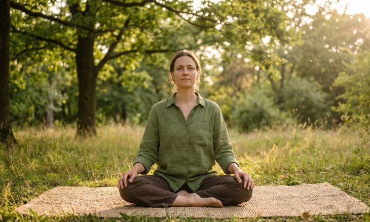 Femme en chemise verte méditant les yeux ouverts, assise sur un tapis en herbe, sous le soleil filtrant des arbres.
