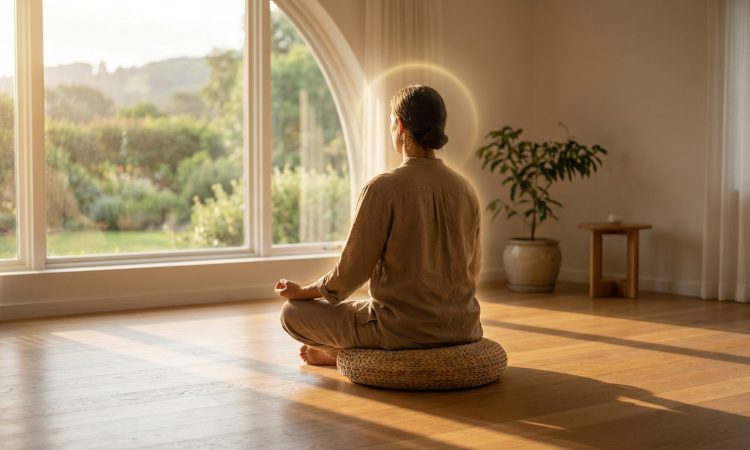 Personne méditant sur un coussin face à une fenêtre lumineuse, un halo de lumière autour de la tête, dans une pièce calme.