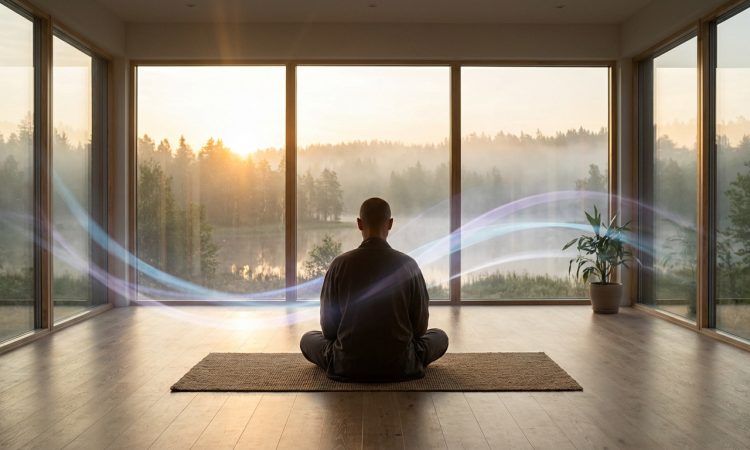 Un homme médite en lotus, dos à une fenêtre donnant sur un lac brumeux au lever du soleil. Des ondes lumineuses colorées traversent l'image.