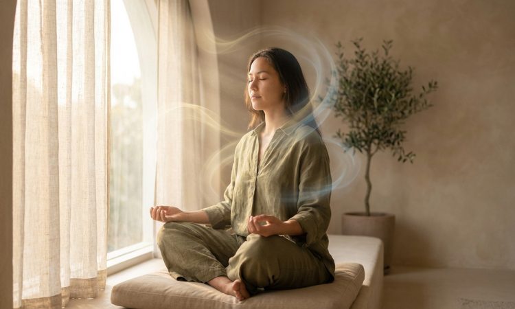Femme méditant dans une pièce lumineuse près d'une fenêtre. Des volutes d'énergie colorées entourent sa tête.