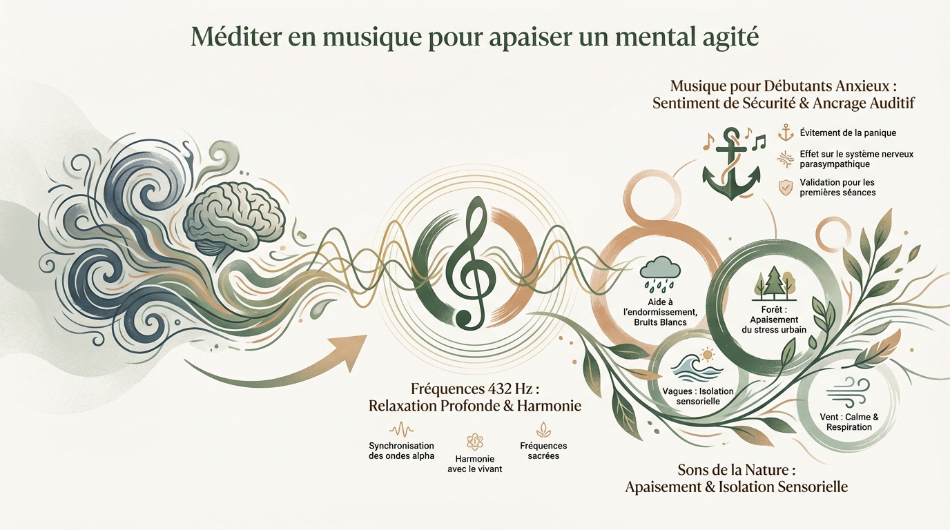Personne méditant avec un casque audio dans un environnement serein