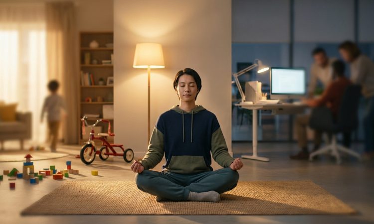 Une personne médite sereinement sur un tapis, yeux clos, en position du lotus, malgré des enfants qui jouent et des adultes qui travaillent en arrière-plan flou.