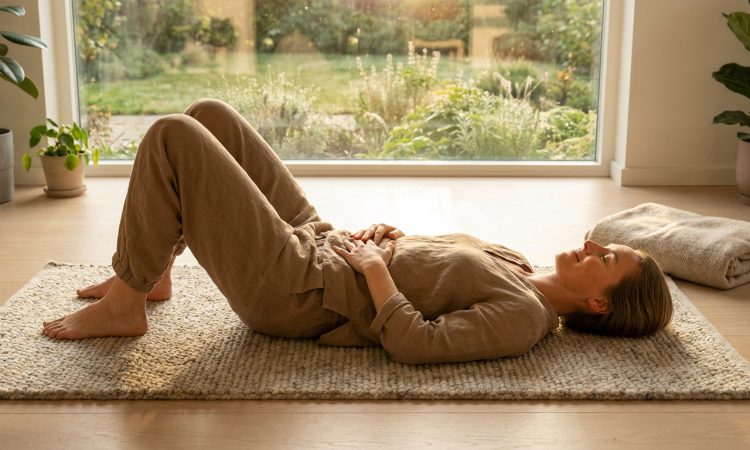 Femme méditant allongée sur un tapis, mains sur le ventre, yeux fermés, devant une fenêtre donnant sur un jardin verdoyant.