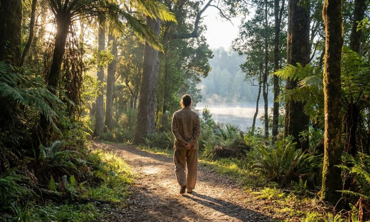 Vue de dos d'une personne marchant sur un sentier forestier, soleil filtrant à travers les arbres, lac brumeux.